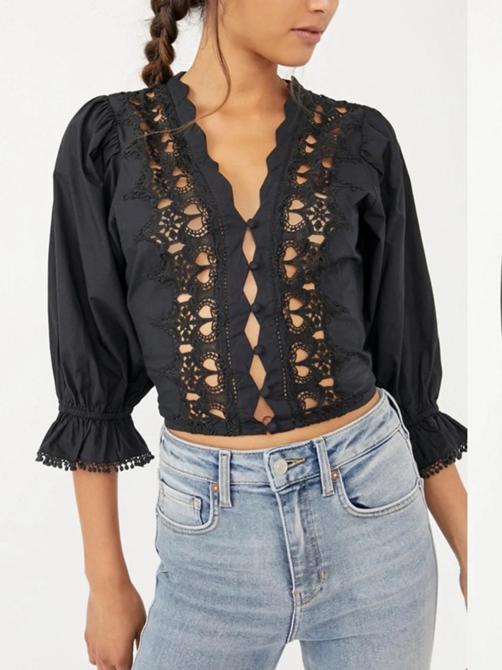 Free People Black Louella Embroidered Crochet Cropped Cotton Black Top Size S